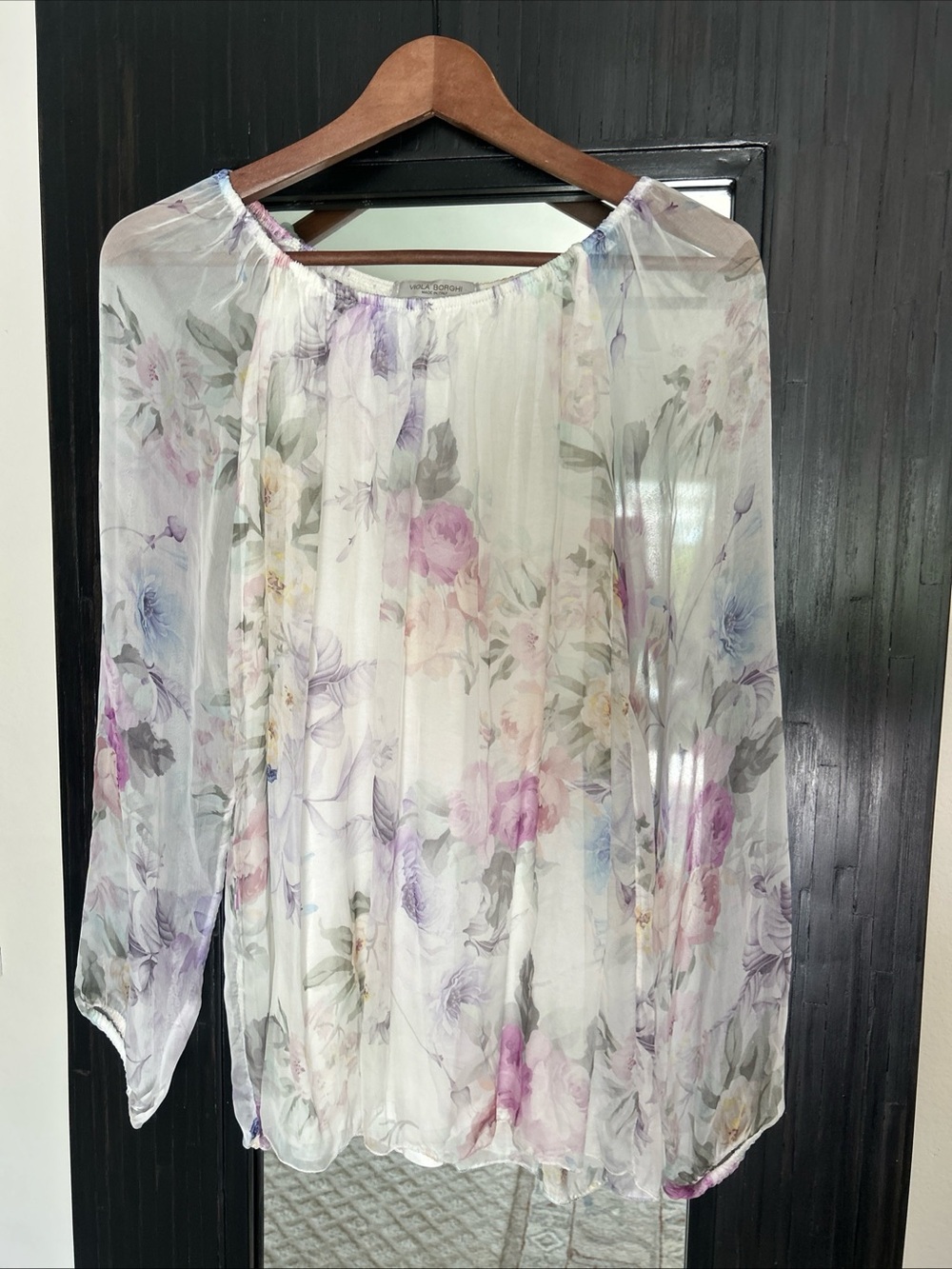 VIOLA BORGHI White Pastel Floral 100% Silk Balloon Sleeve Blouse Feminine Flowy